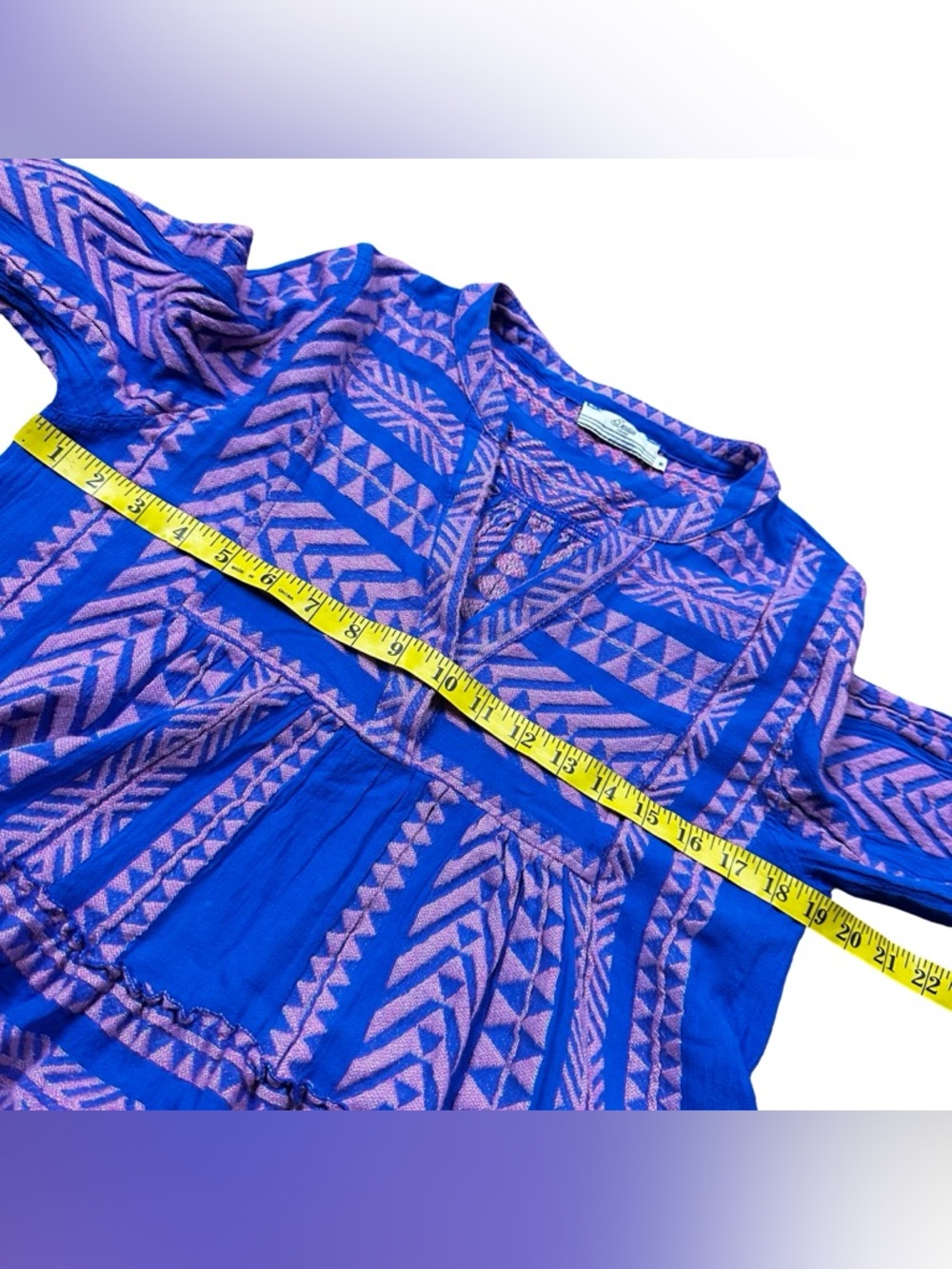 Devotion TWINS Blue Pink Geometric Woven Tier Bell Sleeve Mini Dress Medium - Picture 11 of 12